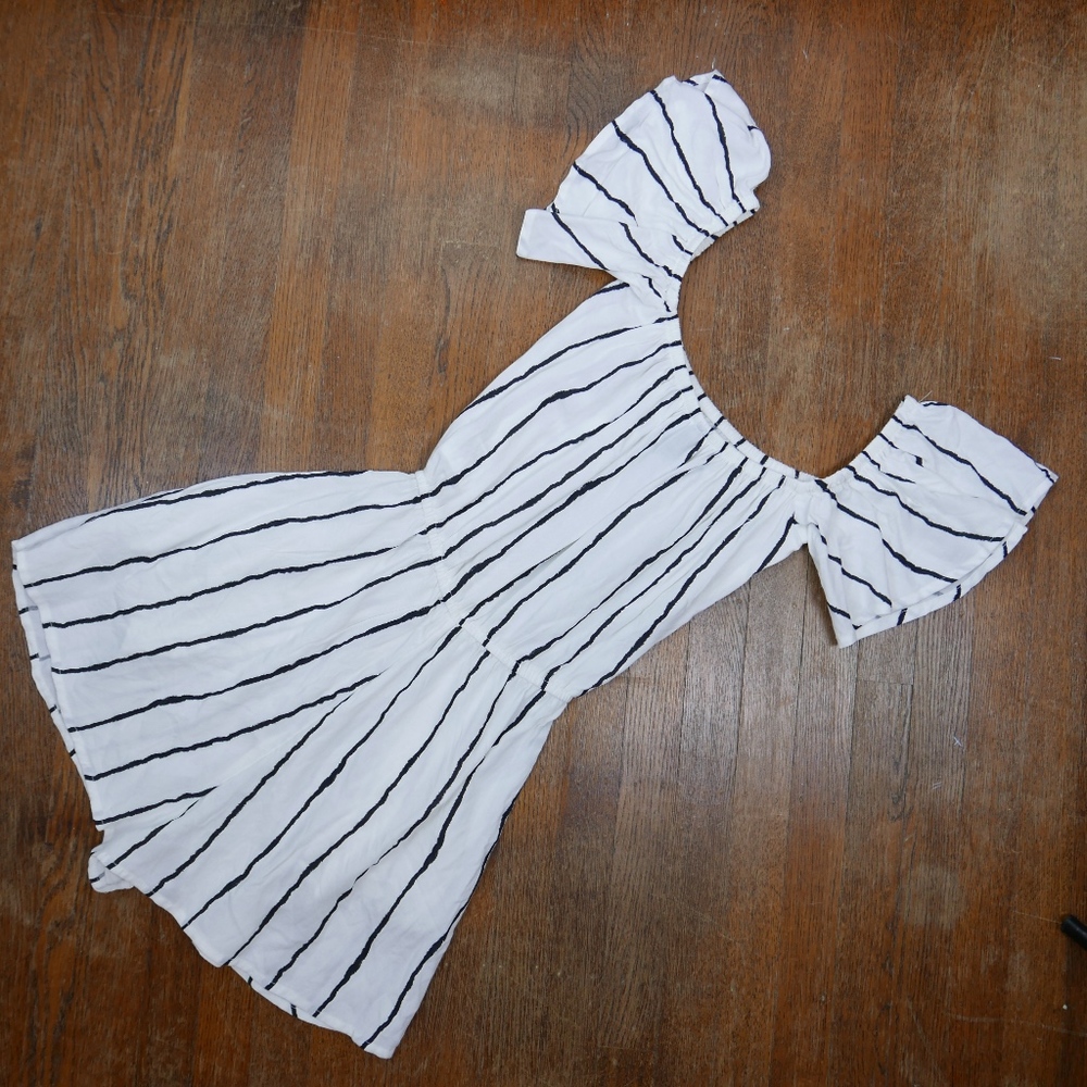 Summer Flouncy Romper - in White w/Black Stripe